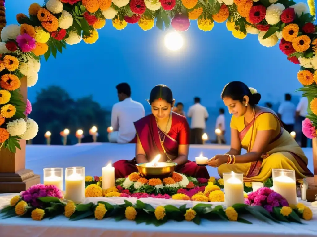 Rituales de Janmashtami en culturas: Devotos realizan ceremonia tradicional en India, con flores, velas y ofrendas, en un ambiente sagrado y colorido