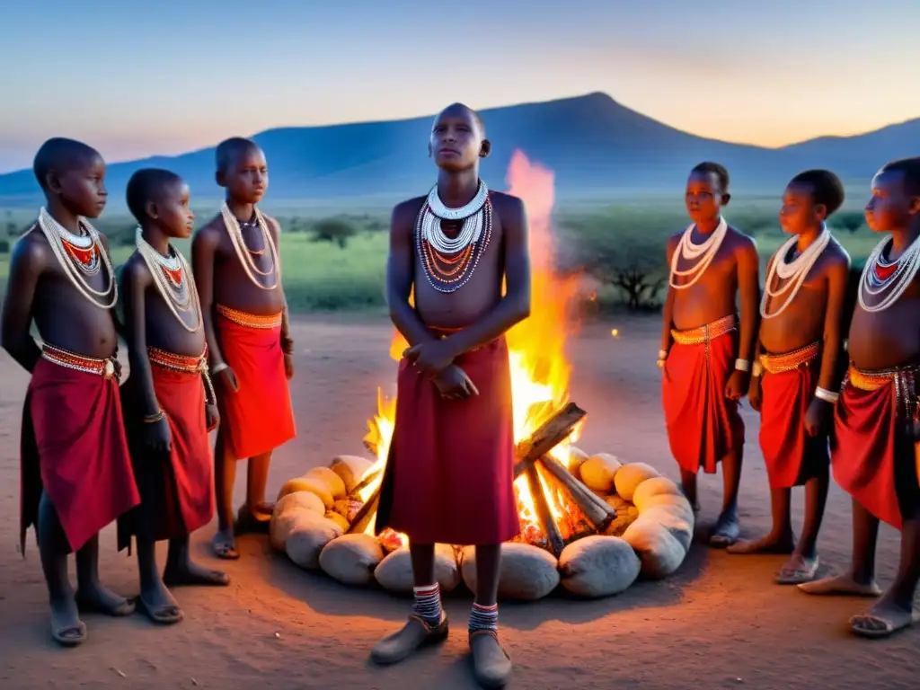 Rituales de iniciación en culturas: Jóvenes Maasai con atuendo tradicional rodean fogata en emotivo rito bajo el cielo estrellado