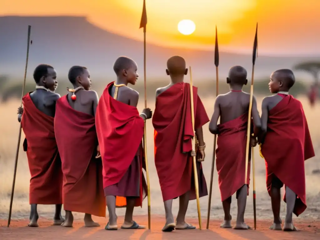 Rituales de iniciación en culturas: jóvenes de la tribu Maasai en África, vistiendo atuendos tradicionales y sosteniendo lanzas al atardecer