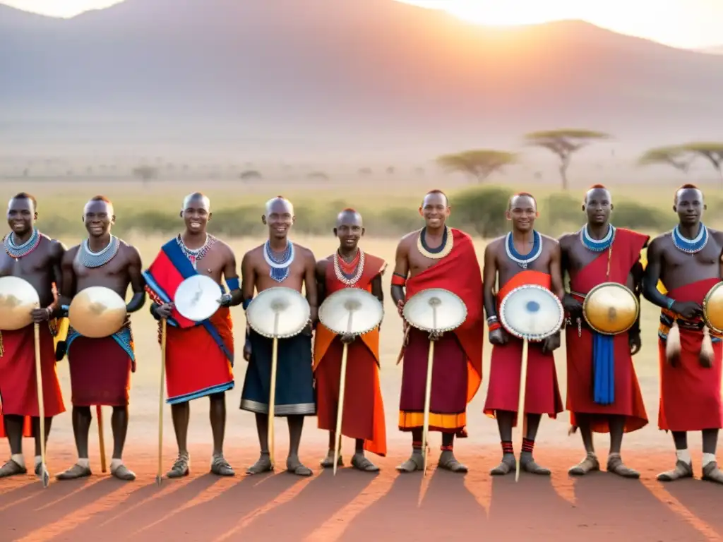 Rituales de iniciación en culturas: Maasai guerreros danzando al atardecer en la sabana con sus túnicas rojas y coloridos adornos