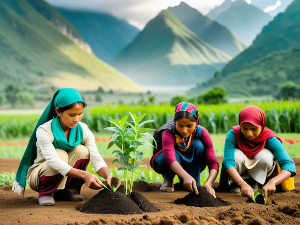 Rituales de plantación en culturas: Mujeres indígenas plantan semillas con reverencia en un campo exuberante, rodeadas de montañas imponentes