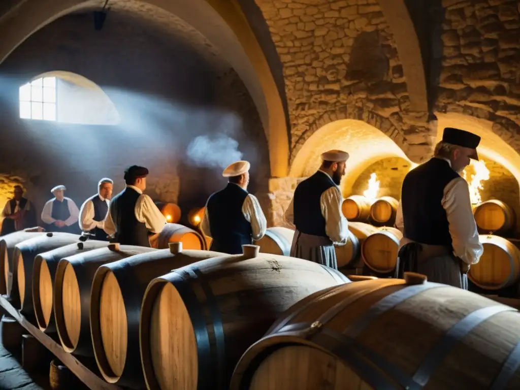 Rituales de fermentación en culturas: Personas en trajes tradicionales fermentando uvas en una bodega antigua iluminada por antorchas