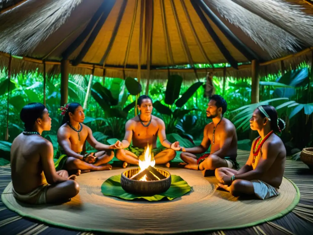 Rituales de curación con Ayahuasca Amazonía: Chamanes indígenas realizan ceremonia en la selva, rodeados de exuberante vegetación