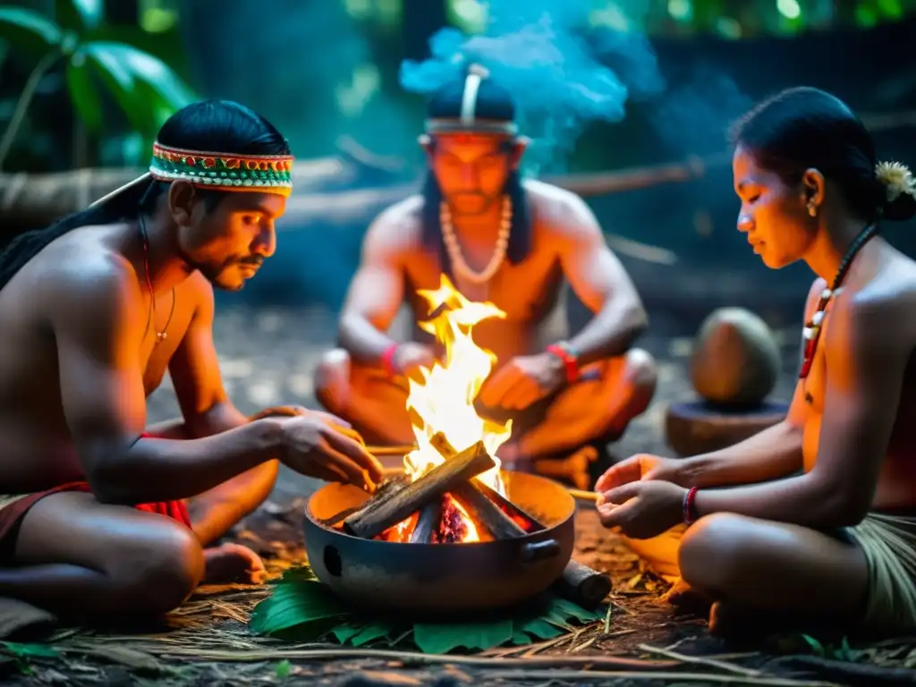 Rituales de curación con Ayahuasca en la Amazonía: ceremonia sagrada con chaman y personas indígenas alrededor del fuego en la selva