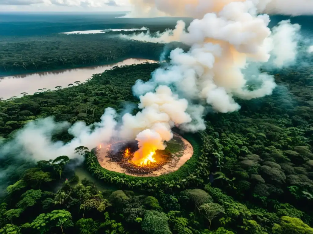 Rituales de curación con Ayahuasca en la Amazonía: indígenas preparando la ceremonia alrededor de una fogata entre la exuberante selva y un río serpenteante