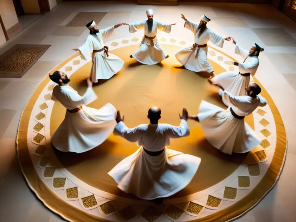 Rituales de danza en sufismo: Derviches girando en un trance espiritual bajo una suave luz dorada