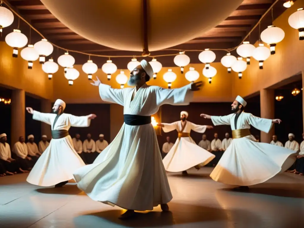 Rituales de danza en sufismo: derviches girando en una habitación iluminada por tenues linternas, creando un espectáculo de movimiento