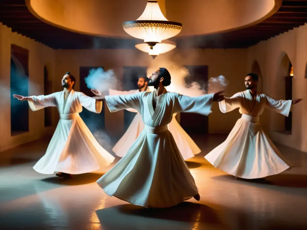 Rituales de danza en sufismo: Grupo de bailarines sufi en trance, con túnicas blancas y movimientos etéreos, envueltos en incienso y luz de velas