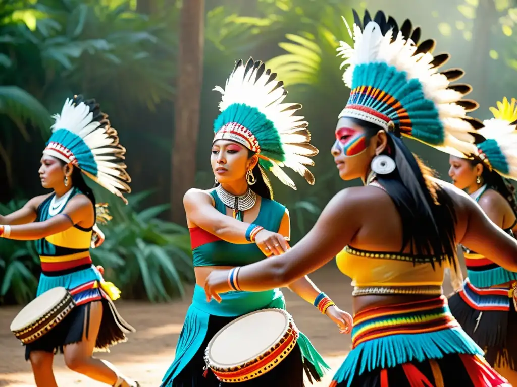 Rituales y danzas sagradas comparadas: Ceremonia de danza azteca en el bosque, con trajes coloridos y energía ancestral