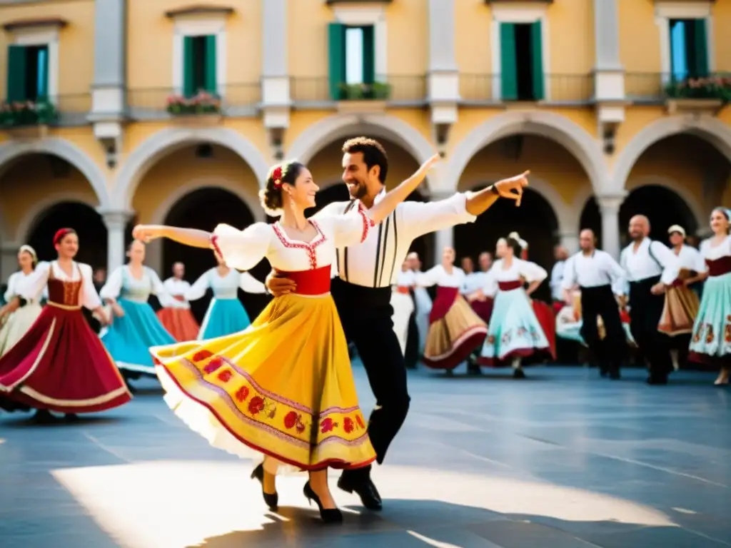 Rituales de danzas tarantasio italiano: Fotografía documental de una animada tarantela italiana en una piazza bañada por el sol