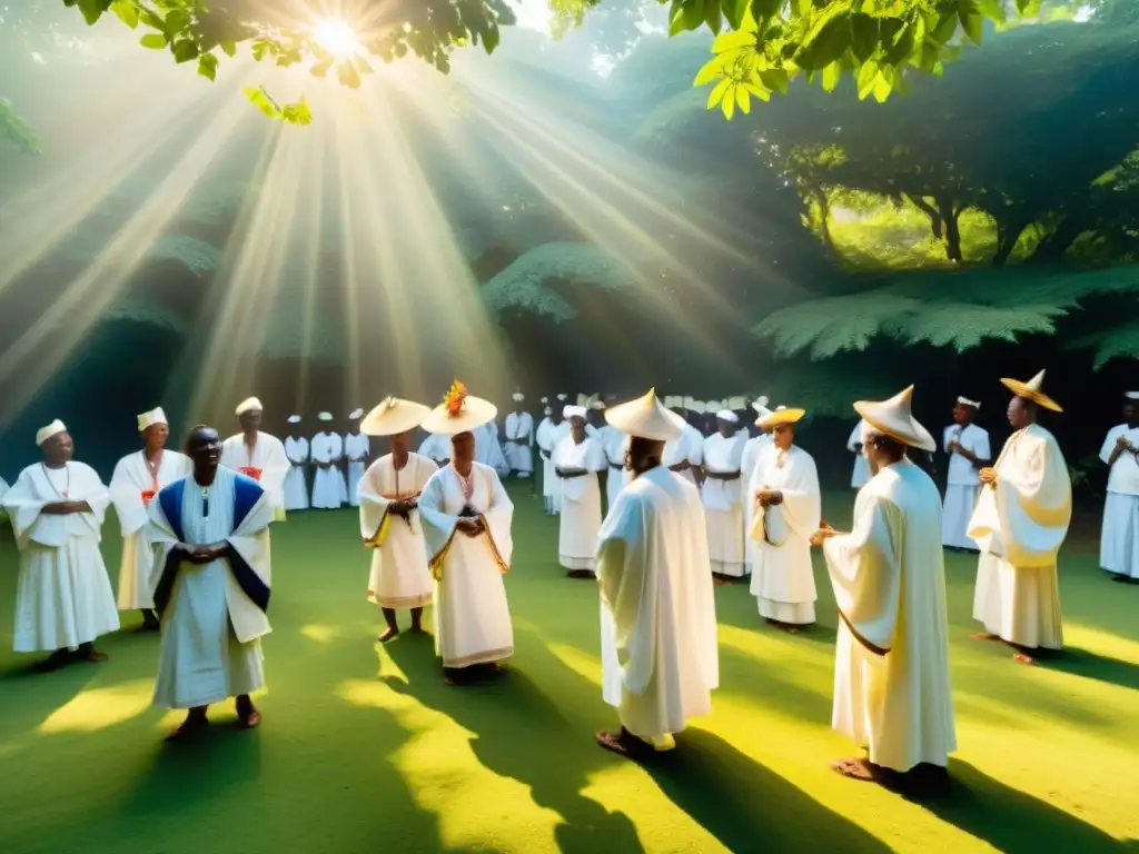 Rituales y deidades religión Yoruba: Celebración sagrada entre Yoruba vestidos de blanco en un bosque, honrando a los Orisha con baile y ofrendas