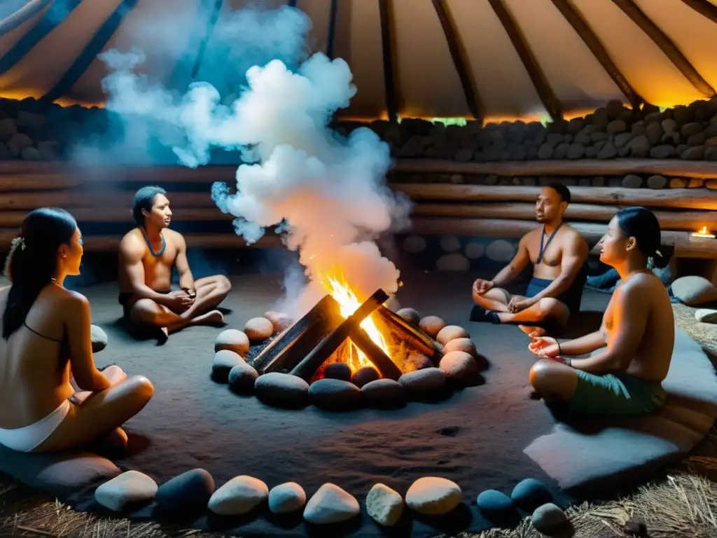 Rituales de detoxificación en culturas: Ceremonia de temazcal con participantes en círculo, vapor ascendente y ambiente solemne