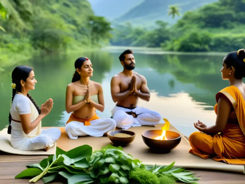 Rituales de detoxificación en culturas: Ceremonia Ayurveda en entorno natural con rituales purificadores y expresiones serenas