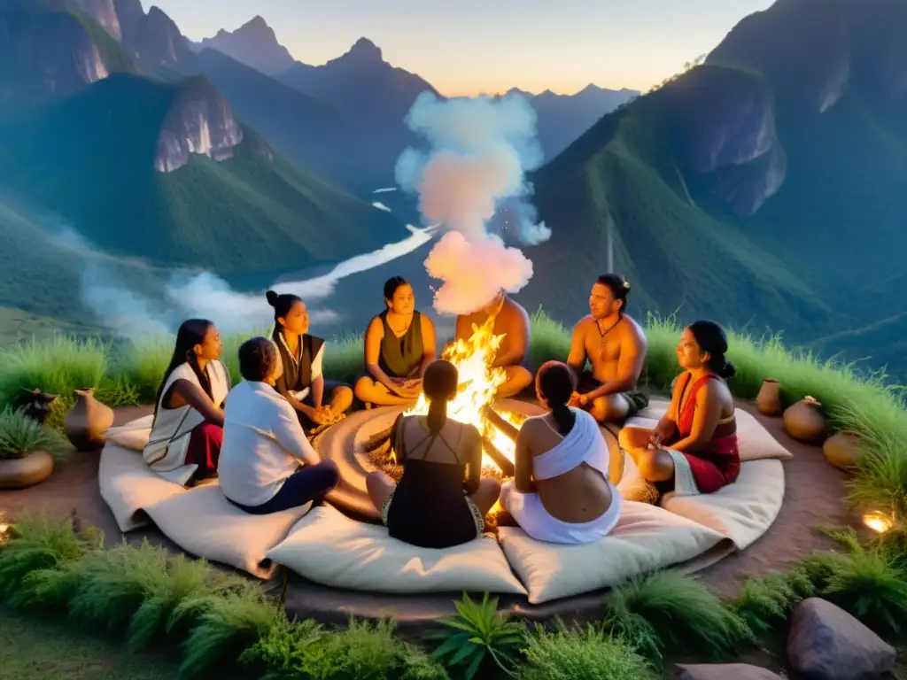 Rituales de detoxificación en culturas: Personas en vestimenta tradicional realizan un antiguo ritual alrededor del fuego en medio de la naturaleza