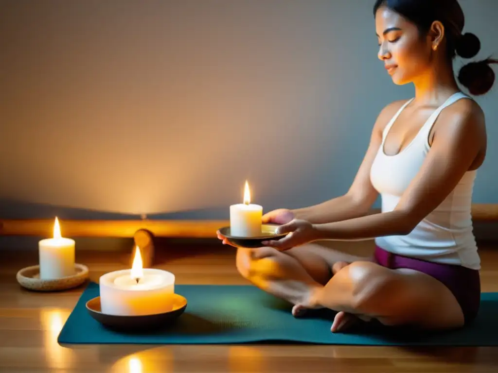 Ritual de Abhyanga: Masaje Ayurveda calmante Rituales diarios medicina ayurveda: Persona realiza Abhyanga, masaje con aceite, en ambiente sereno con velas e incienso