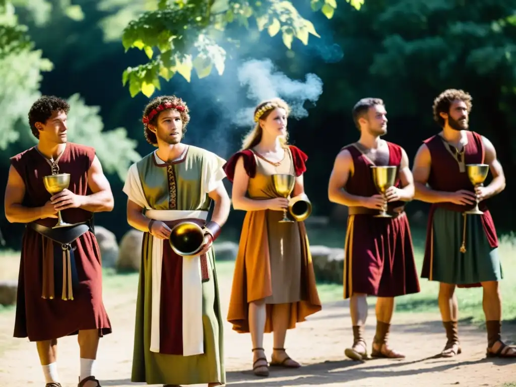 Recreación de Rituales dionisíacos romanos secretos en un bosque soleado, entre ruinas antiguas, con reenactores vestidos con trajes históricos