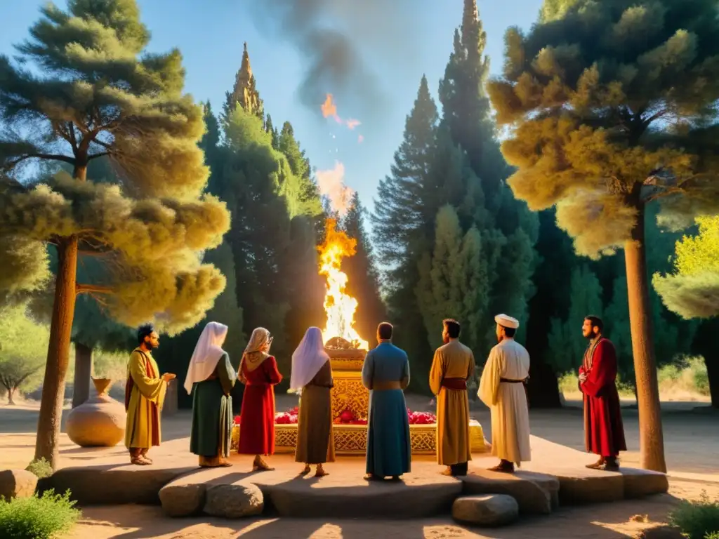 Rituales del Dios Solar Persa: Grupo de personas en atuendo persa antiguo frente a un altar de piedra, iluminados por el sol entre árboles altos