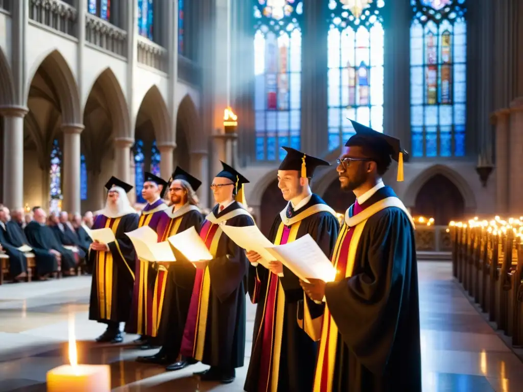 Rituales de graduación en la Edad Media: Scholares en catedral medieval con pergaminos, vestimenta ceremonial y luz de vitrales