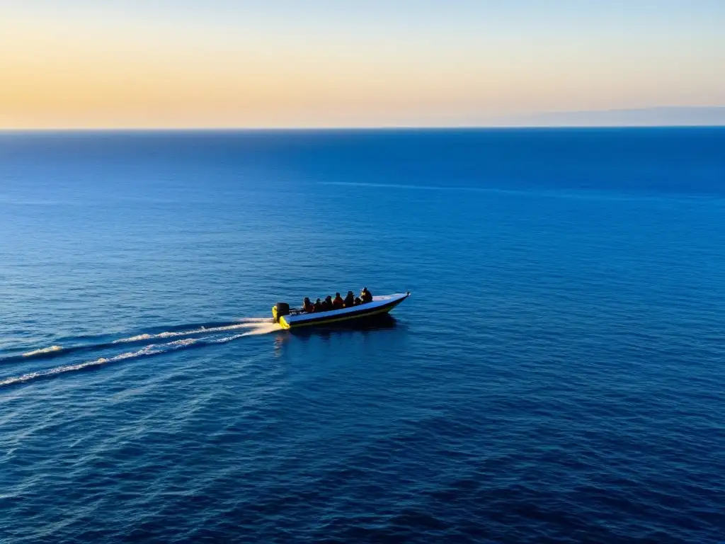 Rituales de entierro en el océano: Un grupo de dolientes lanza pétalos al mar al atardecer, rodeando un barco en aguas azules