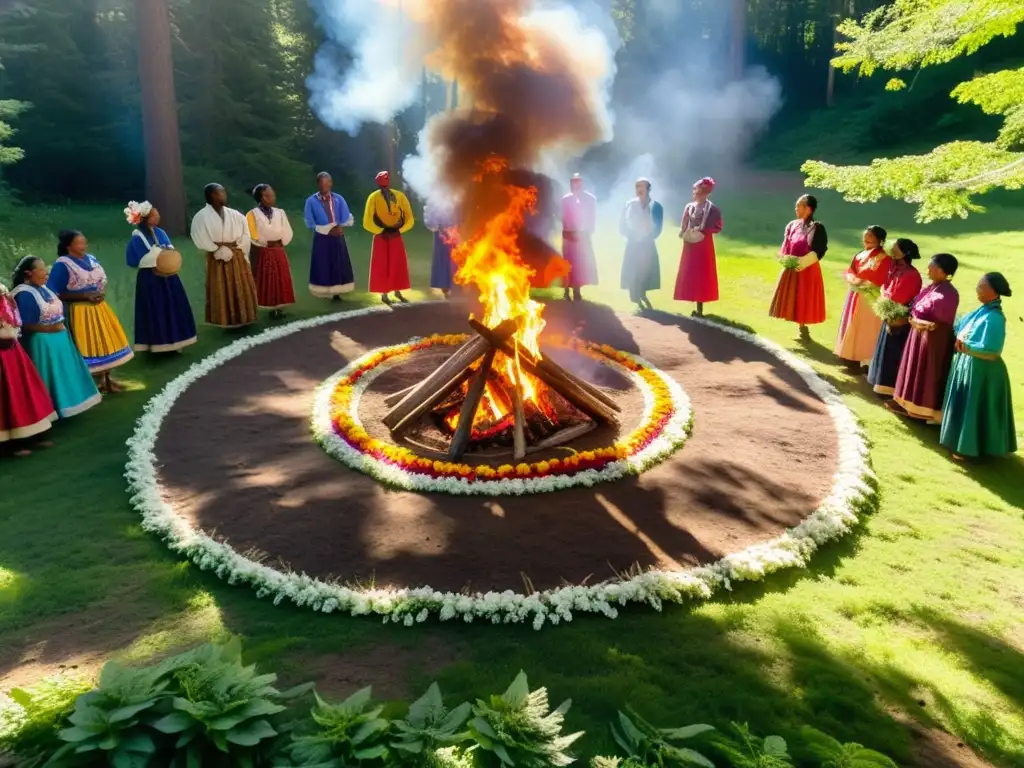 Rituales de Equinoccio y Primavera: Ceremonia en el bosque con danzas, luz solar y fogata, envuelta en una atmósfera mística y ancestral