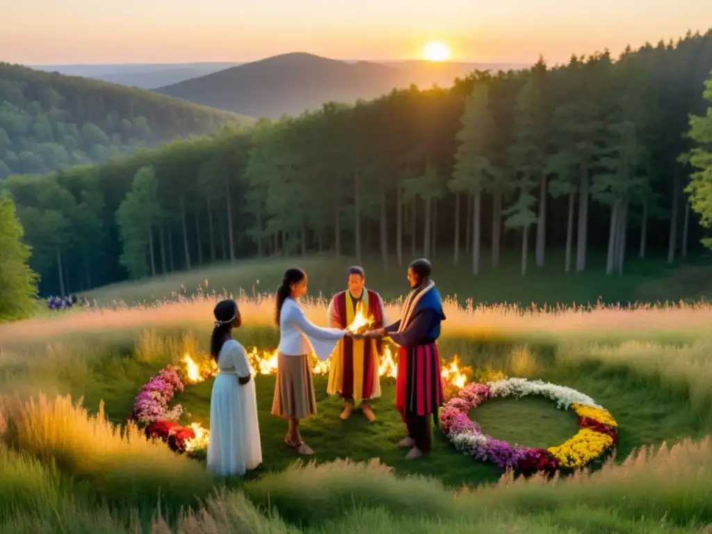 Rituales de equinoccio y solsticio: Grupo realiza danza ritual al atardecer en el bosque