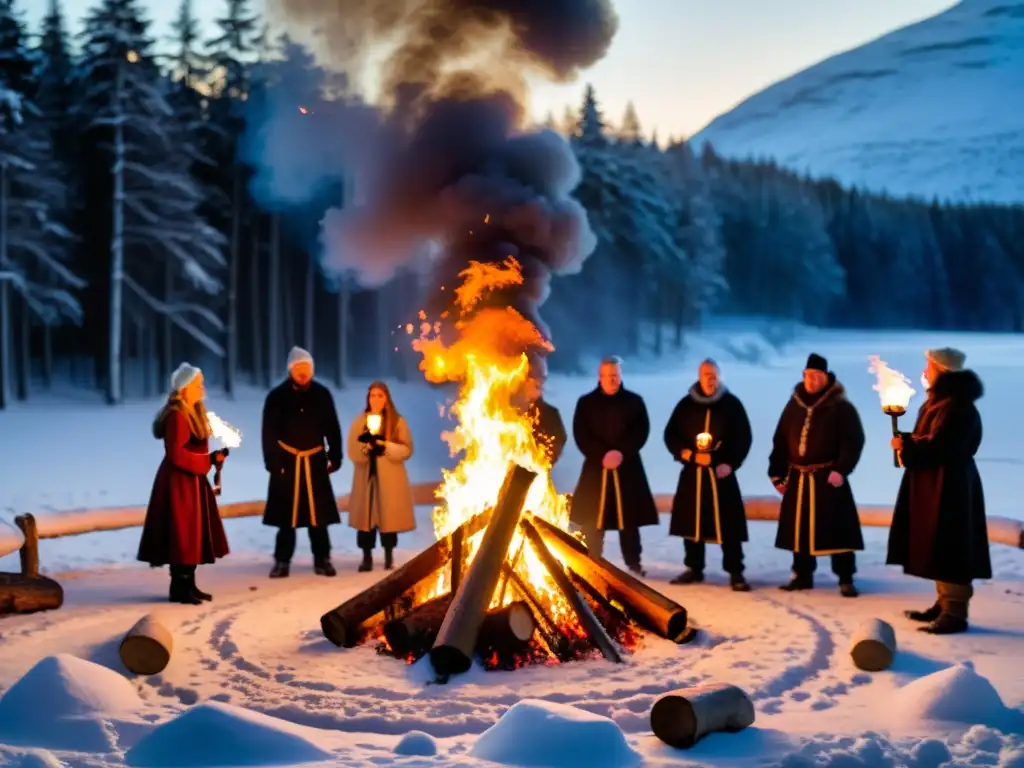 Rituales escandinavos solsticio invierno: grupo celebrando ceremonia tradicional alrededor de fogata en bosque nevado