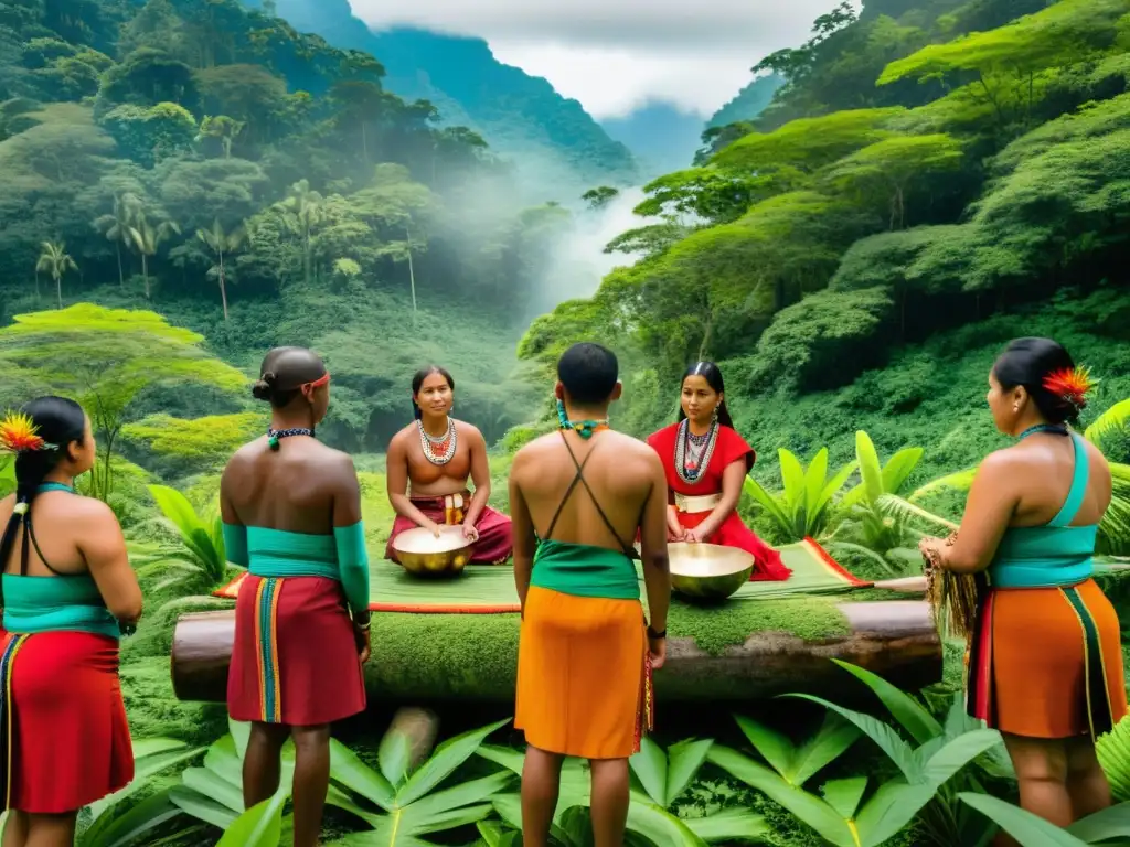 Rituales étnicos y supervivencia cultural: Indígenas realizando ritual en exuberante bosque, resaltando emoción y tradición