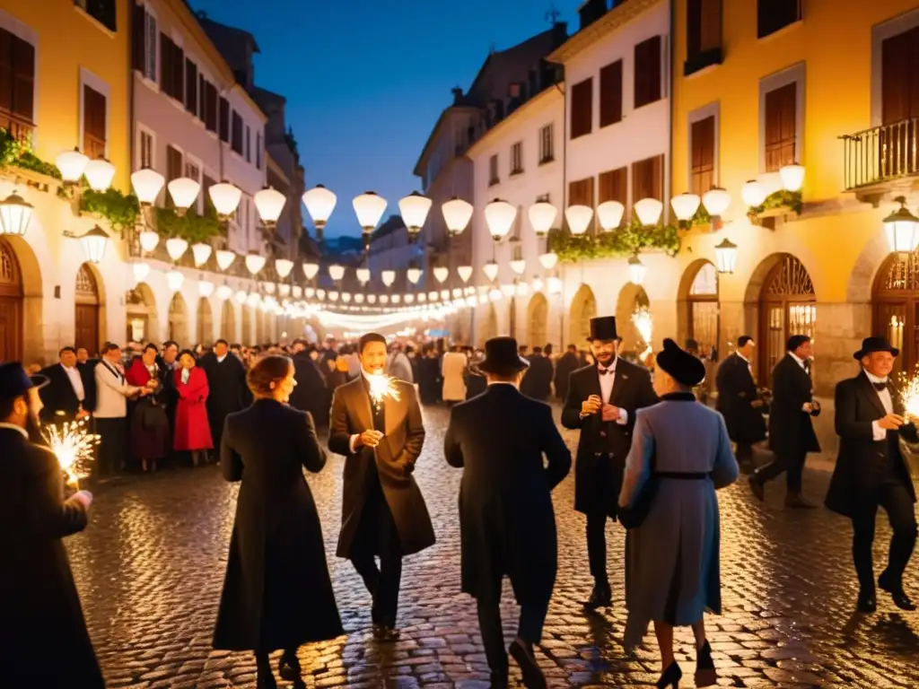 Rituales europeos noche San Silvestre: Escena nocturna deslumbrante en una ciudad europea, con gente elegante celebrando el Año Nuevo