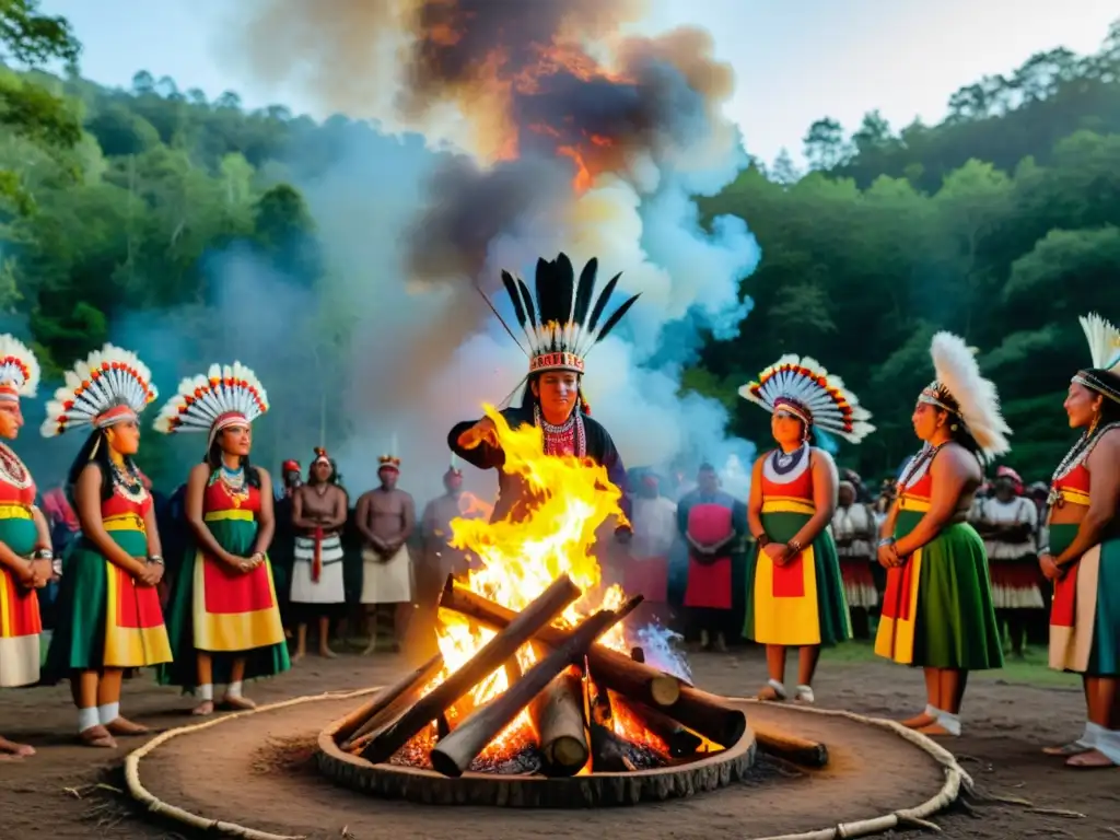 Rituales festividades culturas antiguas: Grupo indígena danza alrededor de fogata en el bosque, con atuendos tradicionales coloridos, expresiones de reverencia y alegría