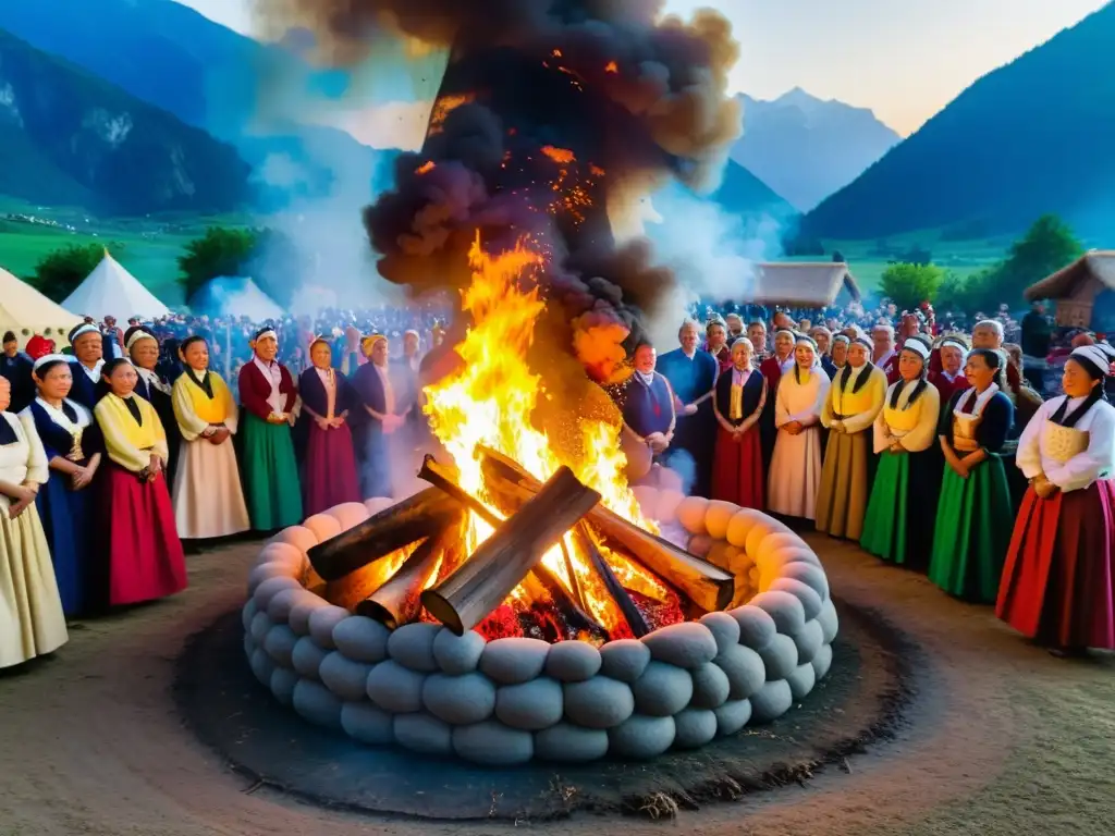 Rituales festivos alrededor del mundo: La comunidad se reúne alrededor de una gran hoguera en un festival tradicional, con coloridos atuendos y una atmósfera de celebración y comunidad