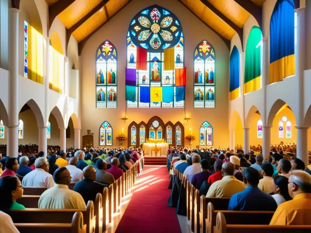 Rituales de la Fiesta de la Divina Misericordia en una iglesia llena de coloridas decoraciones y gente rezando, creando una atmósfera solemne y alegre