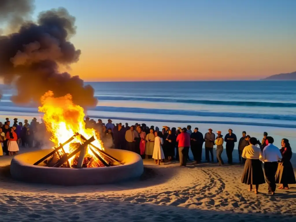 Rituales de la fiesta de San Juan: Comunidad celebrando alrededor de fogata en la playa al atardecer, con música y tradiciones