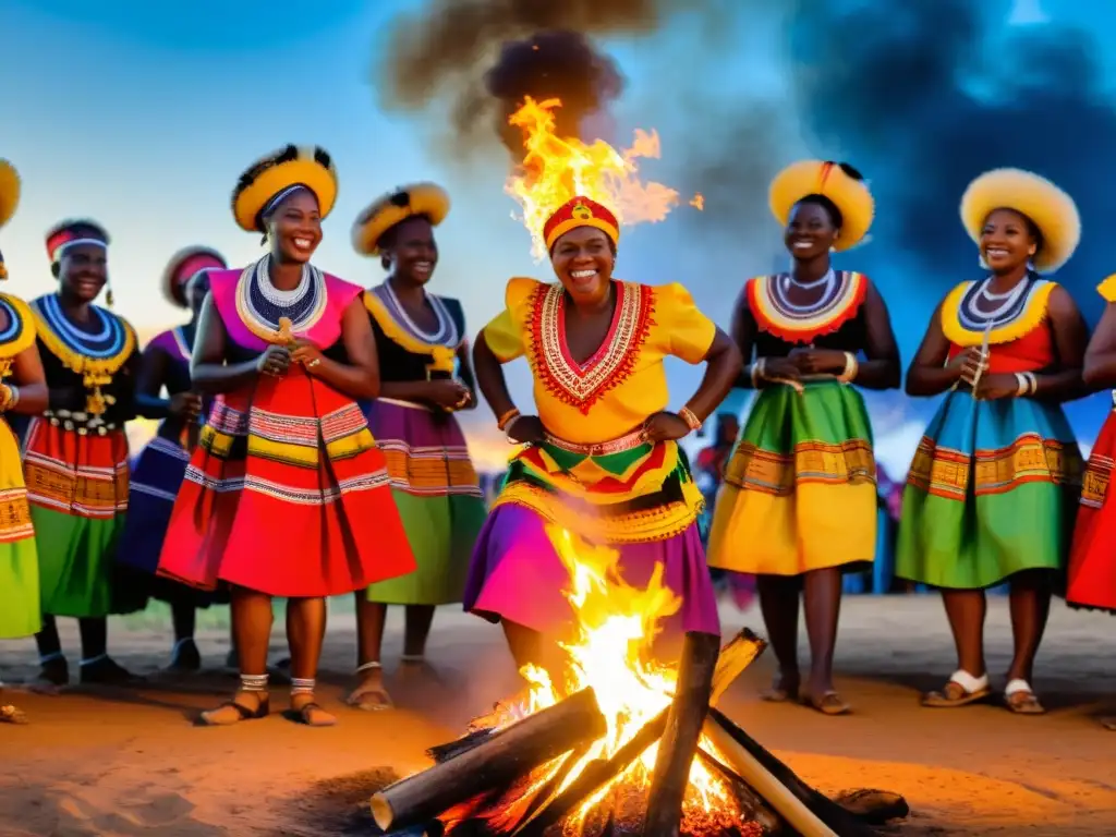 Rituales de la fiesta de Homowo: Grupo de Ga en coloridos trajes tradicionales bailando alrededor de una fogata al atardecer