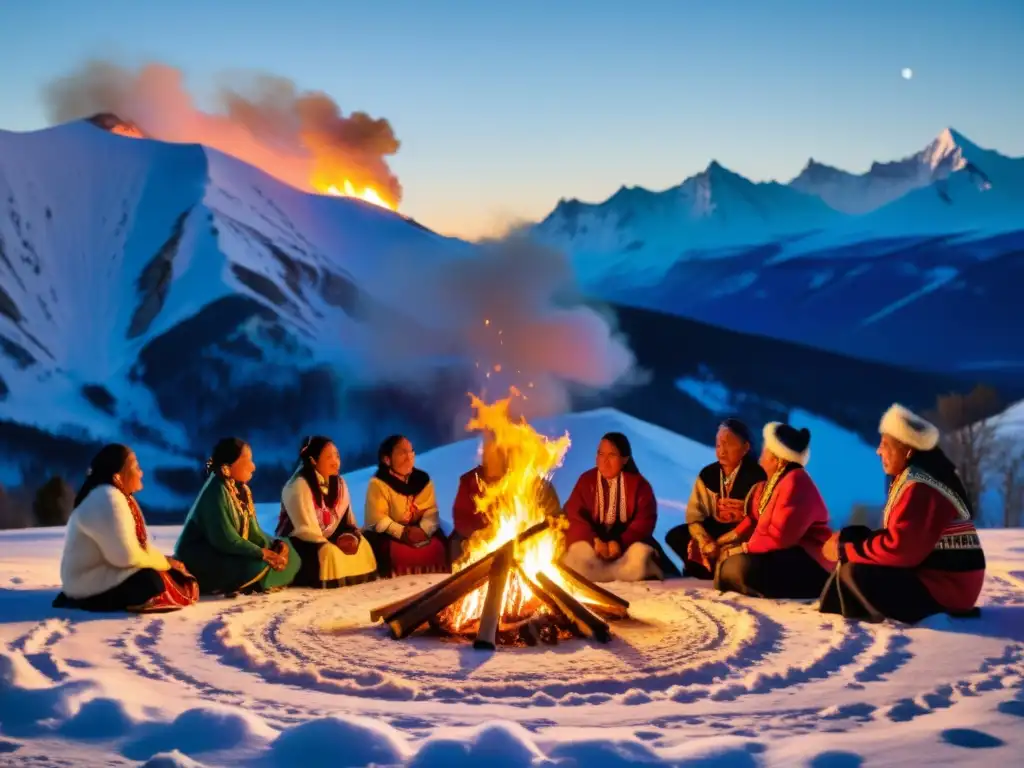 Rituales de fiestas de invierno cultura nativa: Grupo indígena alrededor de fogata en montañas nevadas, danza sagrada iluminada por el fuego