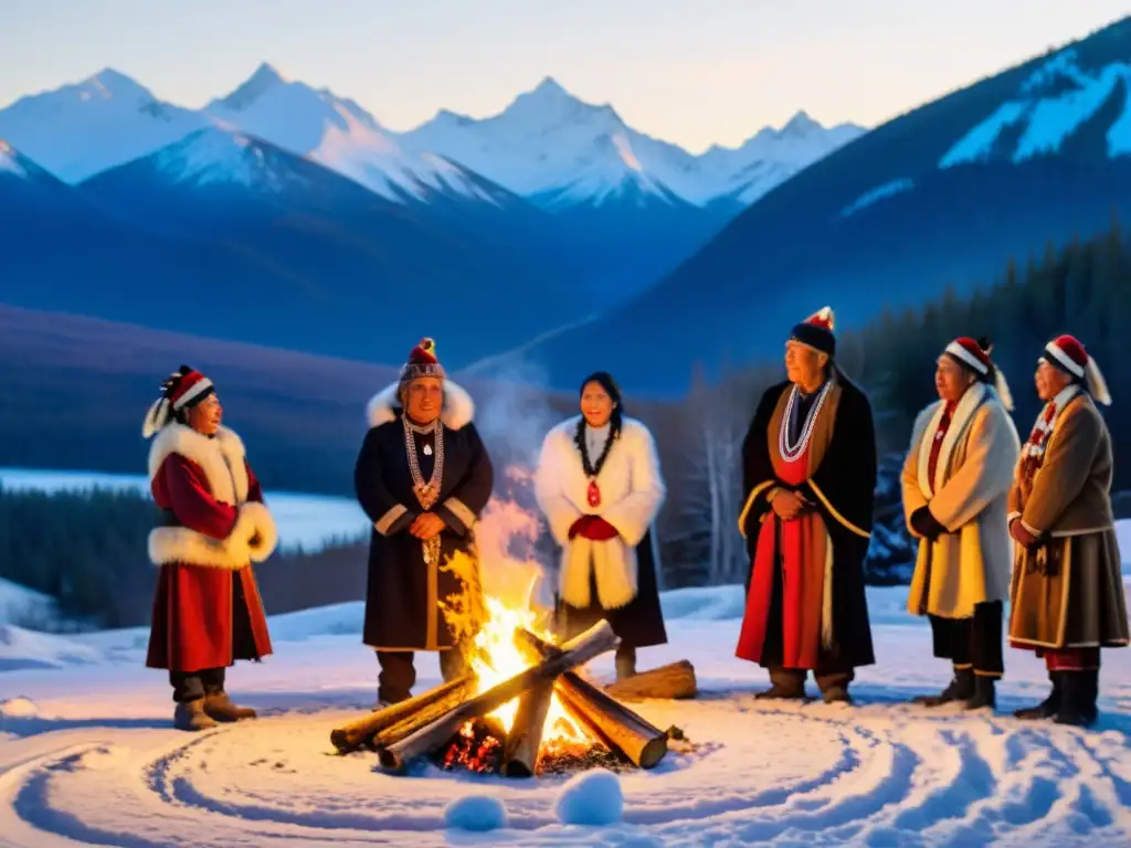 Rituales de fiestas de invierno cultura nativa: Comunidad indígena celebra alrededor de fogata en la nieve, invocando antiguos espíritus