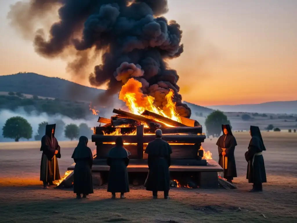 Rituales funerarios basados en fuego: ancestral pira funeraria iluminada por la cálida luz dorada al atardecer, con siluetas de dolientes al fondo