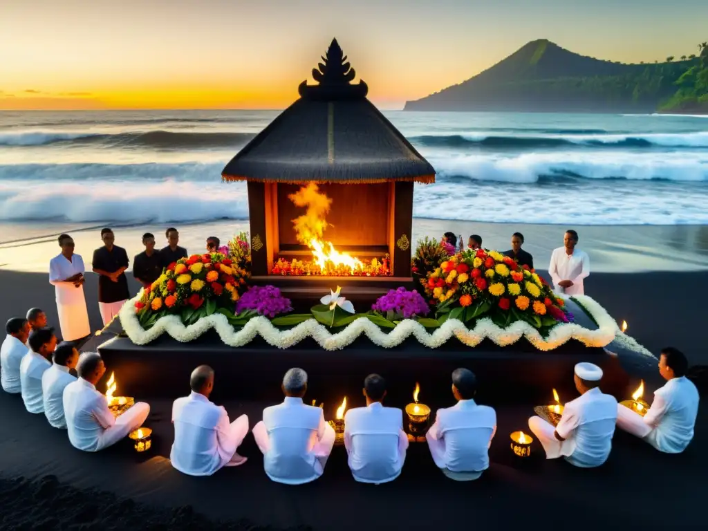 Rituales funerarios de diferentes culturas: Ceremonia de cremación balinesa al atardecer en la playa de arena negra