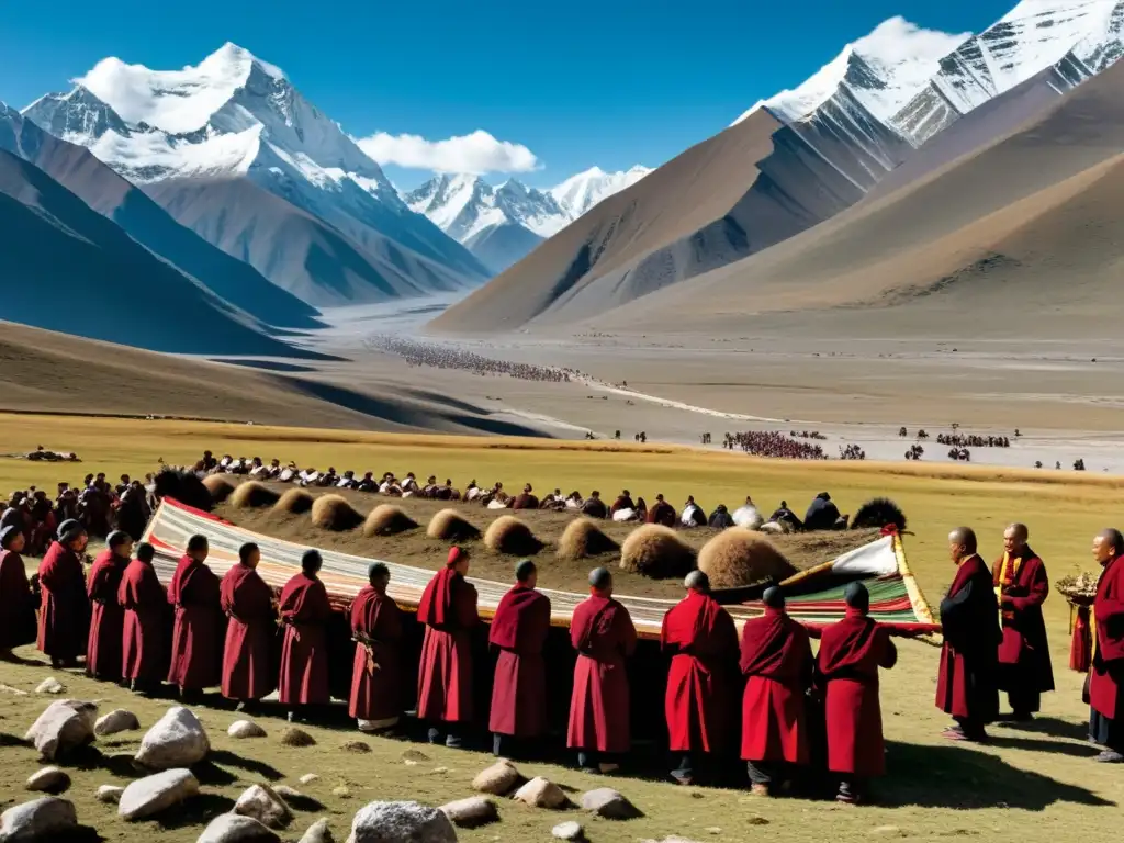 Rituales funerarios en diferentes culturas: Ceremonia tibetana de entierro celestial en la montaña, con monjes y dolientes en un paisaje impresionante