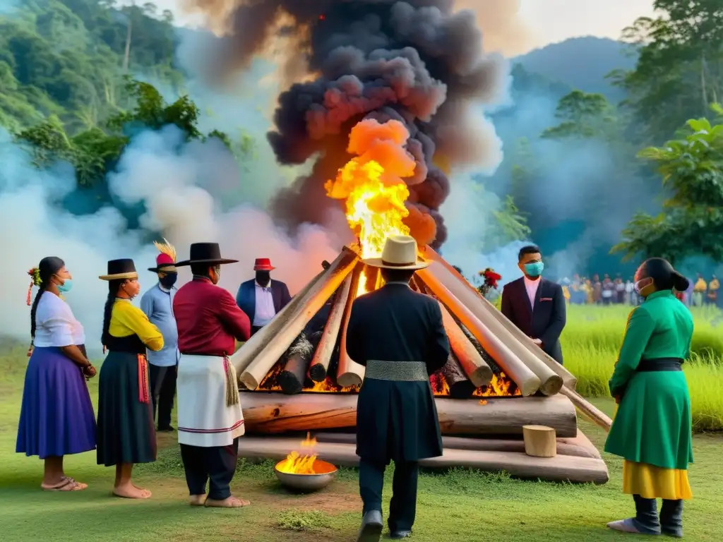 Rituales funerarios culturas mundo: Comunidad indígena honra a sus difuntos con coloridas ofrendas y solemnidad en la selva