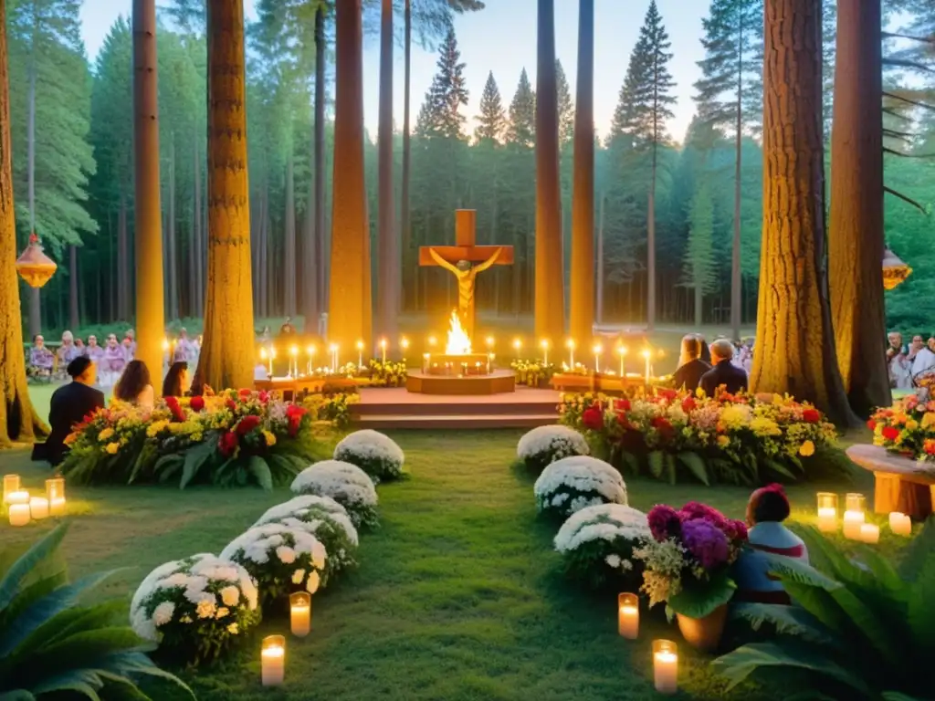 Rituales funerarios honran memoria en ritual comunitario en el bosque, rodeado de naturaleza vibrante y altar decorado con flores y velas