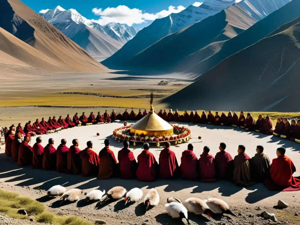 Rituales funerarios alrededor del mundo: ceremonia tibetana de entierro celeste con monjes, ofrendas y buitres en paisaje montañoso