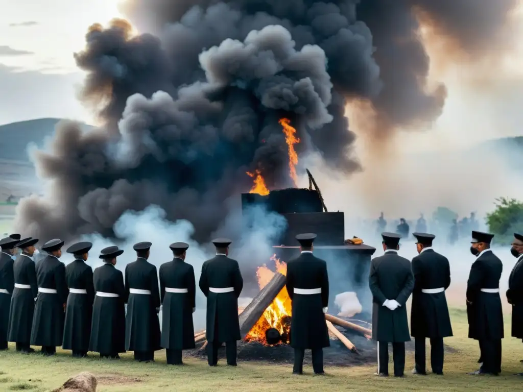 Rituales funerarios en peligro de extinción: Fotografía en blanco y negro de un grupo en luto junto a una pira funeraria en una aldea remota