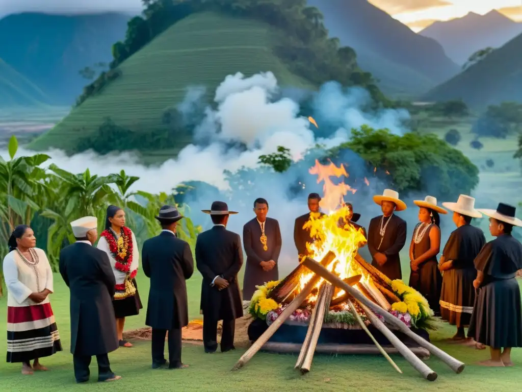 Rituales funerarios en peligro de extinción: ceremonia tradicional de luto con indígenas y pira funeraria en paisaje montañoso