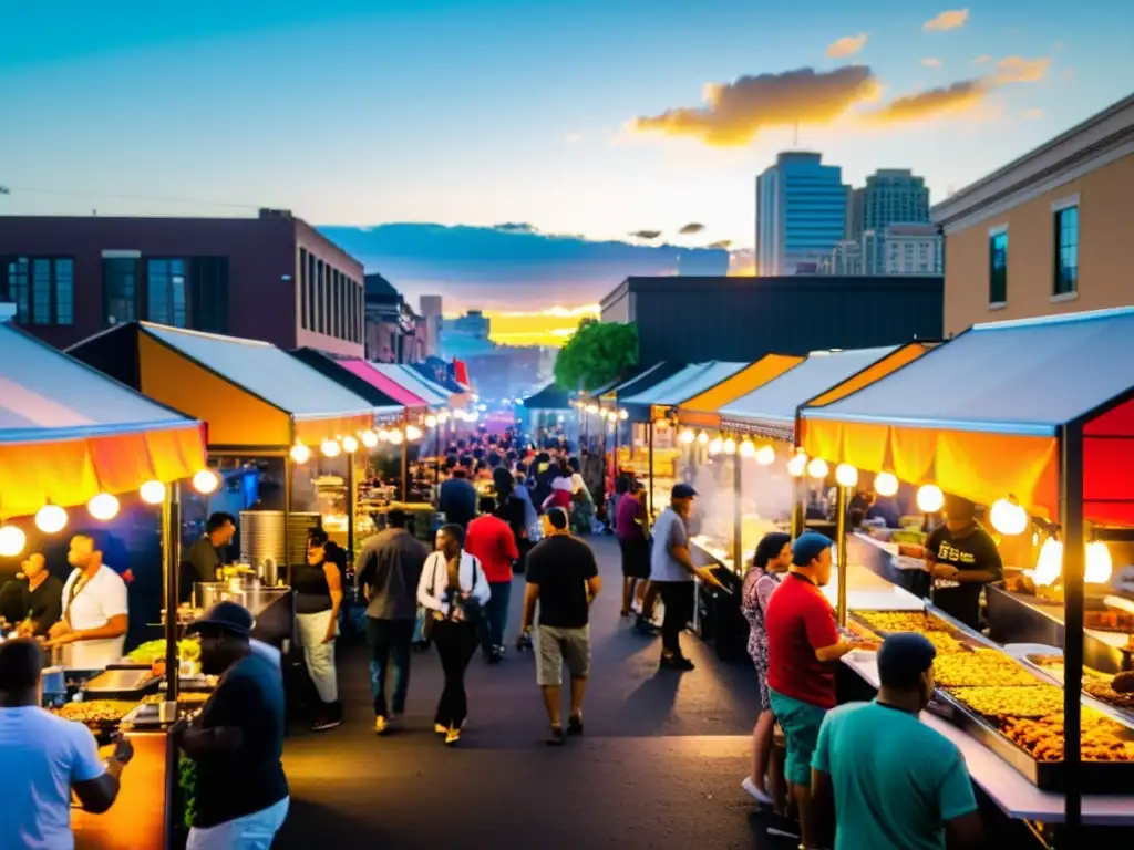 Rituales gastronómicos urbanos: una bulliciosa calle llena de food trucks y una diversa multitud disfrutando de delicias callejeras al atardecer