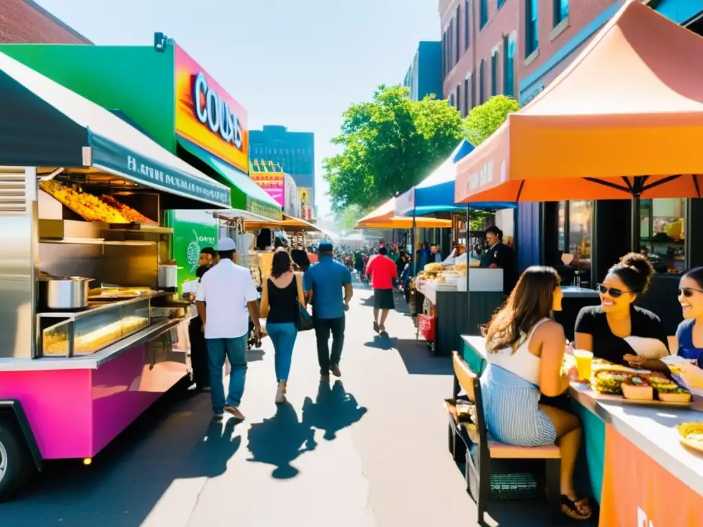 Rituales gastronómicos urbanos: una bulliciosa calle urbana llena de coloridos camiones de comida y clientes entusiastas