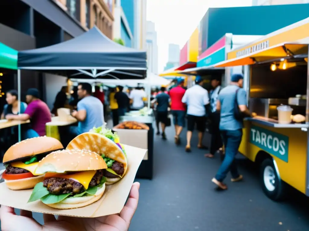 Rituales gastronómicos urbanos: coloridos food trucks y puestos ofrecen una variedad tentadora de comida callejera en una bulliciosa calle urbana