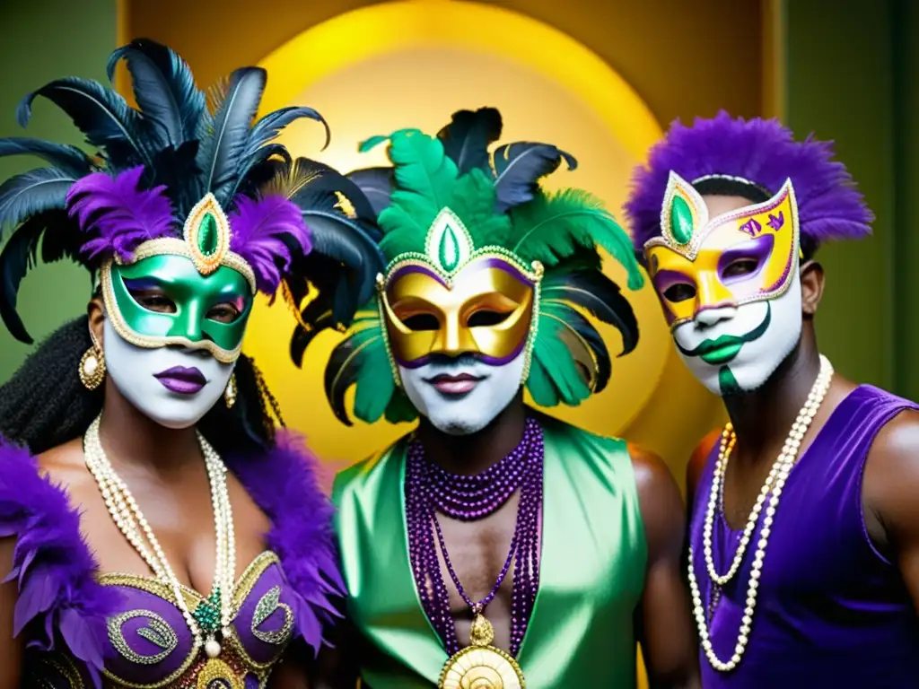 Rituales Mardi Gras Nueva Orleans: Grupo animado de artistas disfrazados tocando jazz tradicional en el vibrante ambiente festivo de Mardi Gras