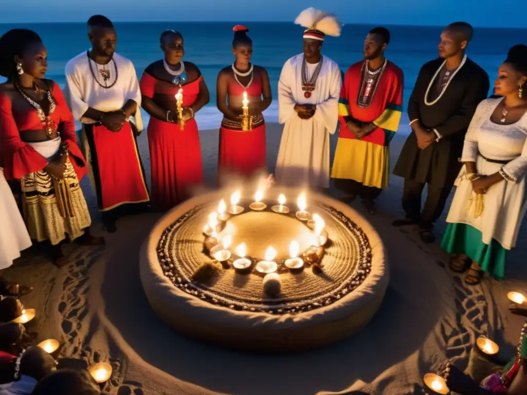 Rituales Vudú Haitianos en África: Grupo en trajes tradicionales con velas y ofrendas, invocando espíritus con devoción y misticismo