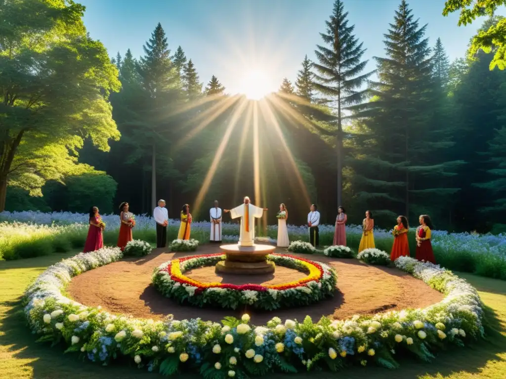 Rituales de handfasting en neopaganismo: Ceremonia en el bosque con altar de piedra, la luz solar brinda paz y conexión espiritual