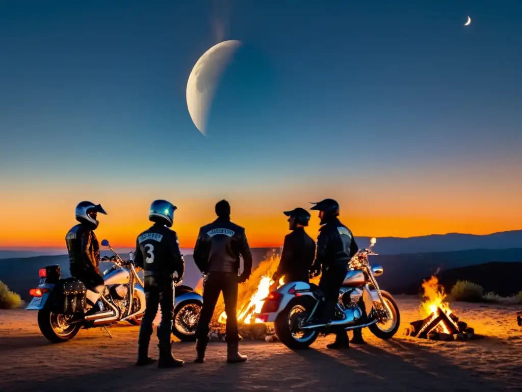 Rituales de hermandad en motociclistas: bikers junto a la fogata bajo la luna llena, unidos en camaradería y pasión por la ruta